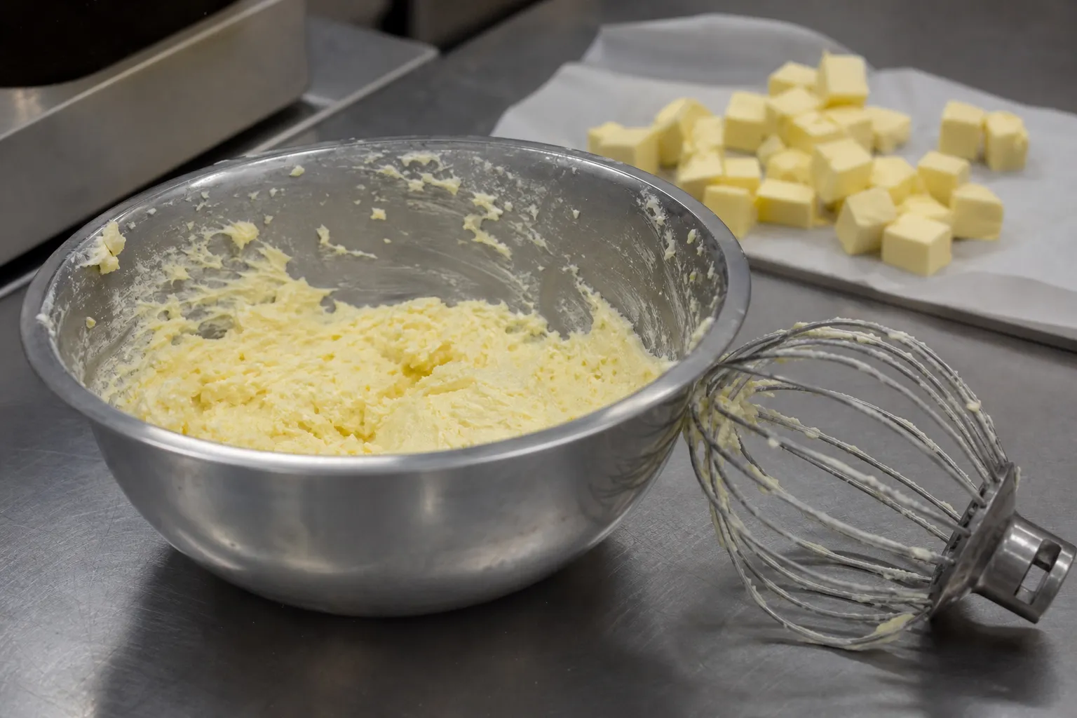 Skuren smörkräm i en stålbunke på en bakbänk med visp och tärnat smör bredvid.