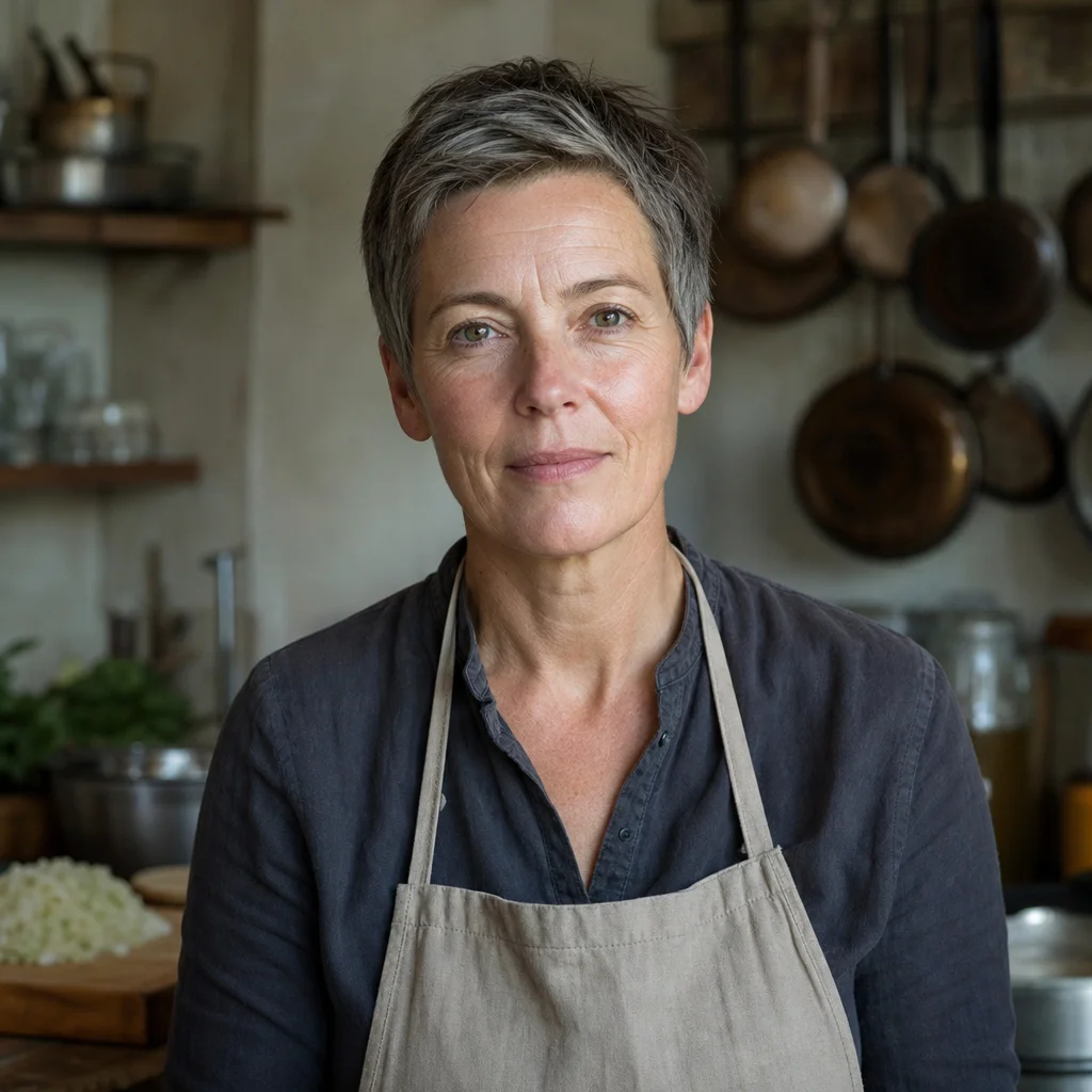 Linda Vestergaard i ett kök med hängande kopparpannor, klädd i mörk linneskjorta och beige förkläde.